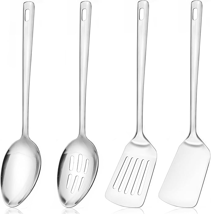 12-in Serving Spoons & Spatula Set, 18/0 Stainless Steel Cooking Utensil for Kitchen Buffet Home Hotel Restaurant