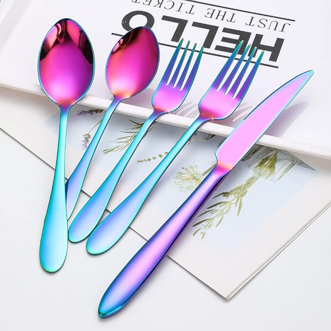 Iridescent Silverware Set Rainbow Flatware Service for 8 Stainless Steel Cutlery 40 Pieces Heavy Forks and Spoons Knives for Wedding Parties Resturant Everyday Use