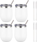 12 oz Insulated Wine Tumbler with Lid and Straw,Stainless Steel Stemless Wine Tumbler Glasses Double Wall Vacuum Wine Cups Tumbler Bulk for Coffee,Cocktail,Office (White,4)