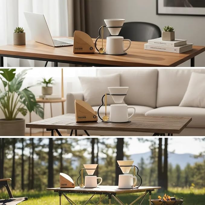 Pour Over Coffee Maker set,Ceramic Coffee Maker With V60 40 pcs Paper Filter，Metal Stand 9oz 270ml mug Pour Over Coffee Dripper white