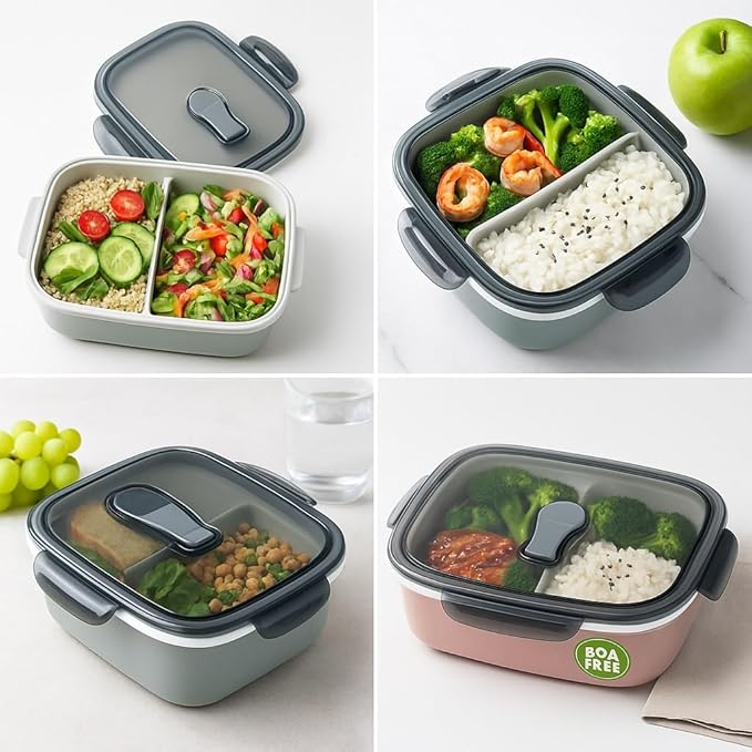 2-Compartment Bento Lunch Box – Leakproof, BPA-Free, Microwave & Dishwasher Safe Meal Prep Container – Compact & Reusable Food Storage for Work, Gym, or Travel (Slate Grey)
