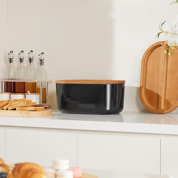 HouseJoy Large Bread Box for Kitchen Countertop,Fiber Bread Box With Thick Cutting Board Lid-Includes,Black Bread Storage for Homemade Container,Corner Bread Holder for Toast Bagel Donut Cookies