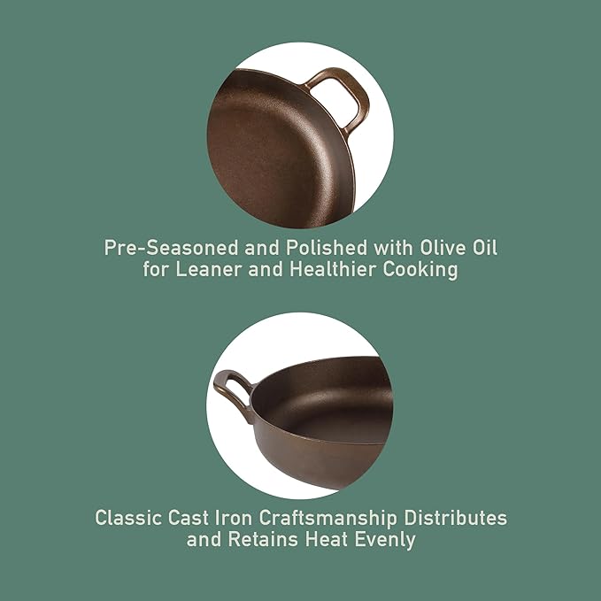 Bloomhouse - Two Time Oprah's Favorite Things Winner - Natural Bronze Finish 13" Round Cast Iron Everyday Pan – Olive Oil Treated Surface w/Dual Handles Olive Wood Trivet Oven Stovetop Campfire Safe