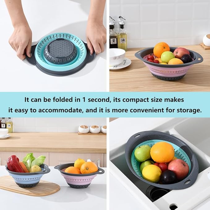 Collapsible Colander and Strainer,Silicone Strainer Colanders & Food Strainers,for Vegetable and Fruit, Kitchen Essentials (2, Green, 1.3L+2.5L)