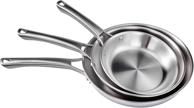 VINGLI 8'' 10'' 12'' Stainless Steel Frying Pan Set, Tri-Ply Skillets Set, Non-Toxic Chef's Pan, PFOA & PTFE Free Skillets, Compatible for All Cooktops, Dishwasher & Oven Safe (3-Pcs SKillets Set)