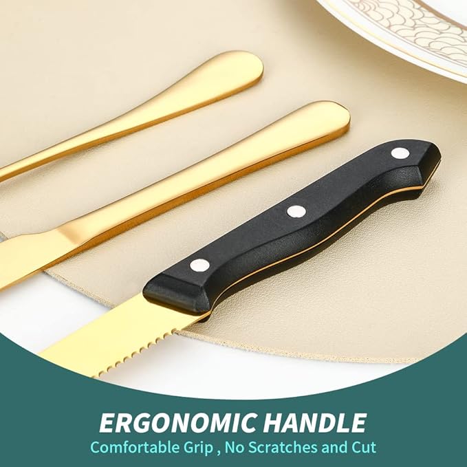 Gold Flatware Set For 4 Silverware Stainless Steel Forks and Spoons Knives Cutlery 24 Pieces Kitchen Utensils Parties Festival Casual or Formal Occasions