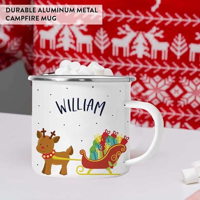 Andaz Press Personalized Name 11oz. Kids Christmas Hot Chocolate Stainless Steel Campfire Coffee Mug Adorable Rudolph Reindeer Sleigh, 1-Pack Custom Birthday Xmas Cup Hot Cocoa Mugs Christmas Mug Kids