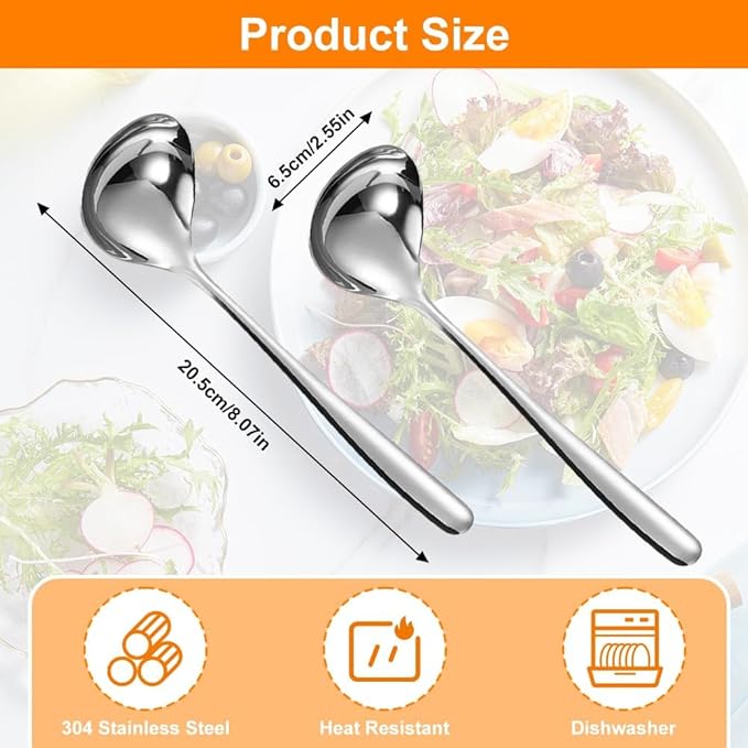 Stainless Steel Soup Ladle Set of 2 (8 x 2.5), Small Gravy Sauce Ladles with Deep Bowl, Professional Chinese Soup Spoons, Dishwasher Safe Kitchen Utensils for Cooking, Serving, Restaurant (SUS304)