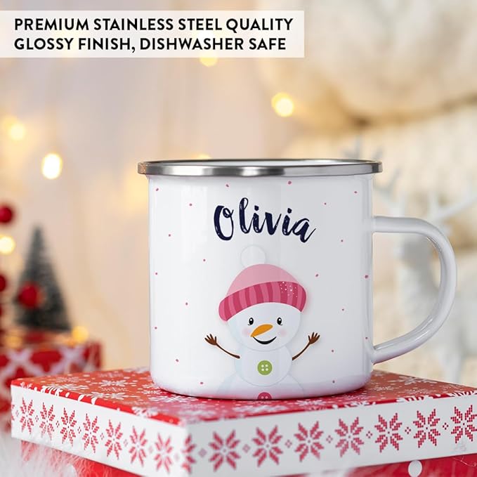 Andaz Press Personalized Name 11Oz. Kids Christmas Hot Chocolate Stainless Steel Campfire Coffee Mug, Charming Snowman Pink Hat Hello, 1-Pack, Custom Birthday Xmas Cup Hot Cocoa Mugs Christmas Mugs