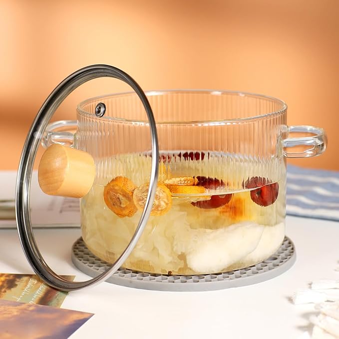 Glass Cooking Pot with Lid - 1.8L(63oz) Heat Resistant Borosilicate Glass Saucepan with Brush & Anti-Scalding Mat for Pasta Noodle, Soup, Milk, Baby Food