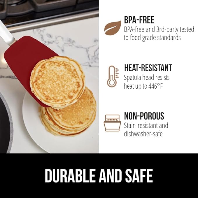 GORILLA GRIP Food Grade Flexible Silicone Spatula, 2 Pack, Heat Resistant Head for Nonstick Frying Pan, Patented Soft Rubber Handle for Comfort, Non-Scratch Kitchen Turner, Flip Eggs, 11.6 in, Red