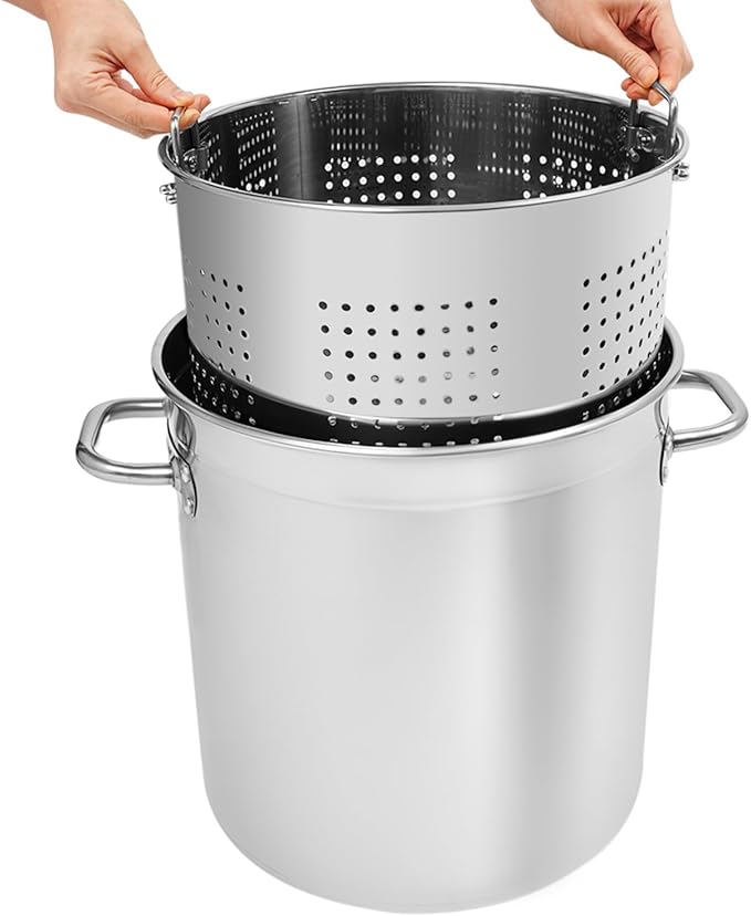 DYNAMI 37Qt Large Cooking Pot with Basket and Lid, Stainless Steel Stock Pot with Strainer,Multipurpose Cookware Soup Turkey Fryer Seafood Boil Pot,for Lobster Crab Shrimp