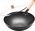 12.6" Carbon Steel Wok Pan, Flat Bottom Stir Fry Pan with Wooden Handle, Traditional Chinese Iron Cookware, Compatible with Gas, Electric & Induction Cooktops
