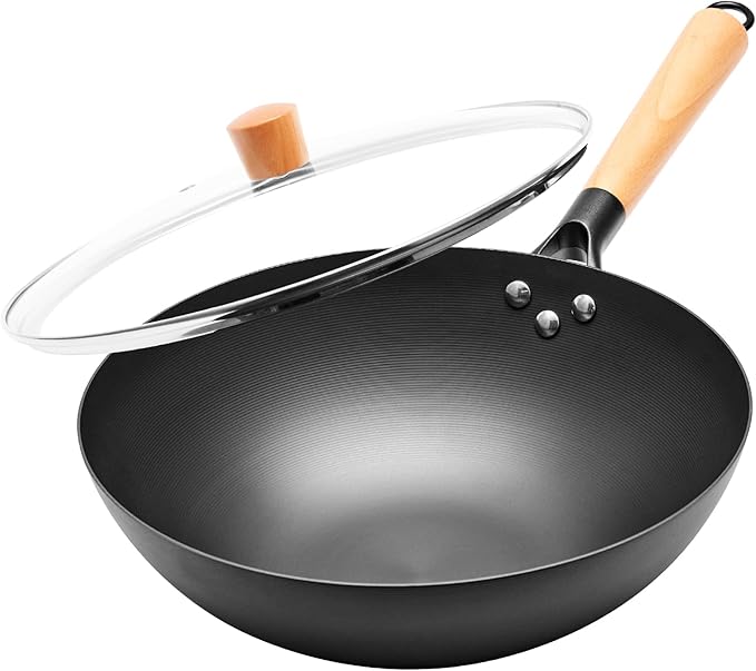 12.6" Carbon Steel Wok Pan, Flat Bottom Stir Fry Pan with Wooden Handle, Traditional Chinese Iron Cookware, Compatible with Gas, Electric & Induction Cooktops