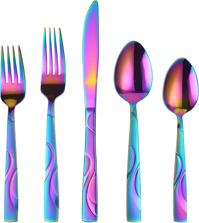 Rainbow Stainless Steel Flatware Set for 8, Ergonomic Silverware Set with Fork Spoon Knife, 40-Piece Colorful Cutlery Tableware Set - Dishwasher Safe