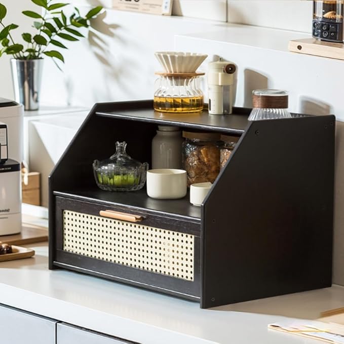 Modern Counter Top Cabinet with Drawer, Bamboo Spice Organizer and Bread Box, Mug Holder Storage Rack, Makeup and Perfume Cabinet for Kitchen or Living Room(Black)