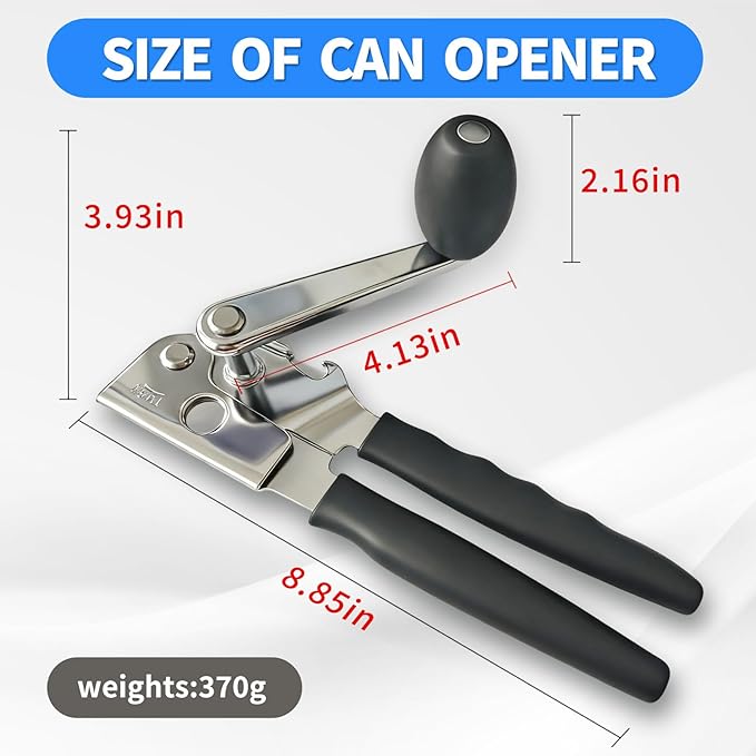 Crank Can Opener Manual，Heavy Duty for Seniors with Ergonomic Soft Grip Handles and Magnetic Lid Lifter for Large Cans,Stainless Steel, Black