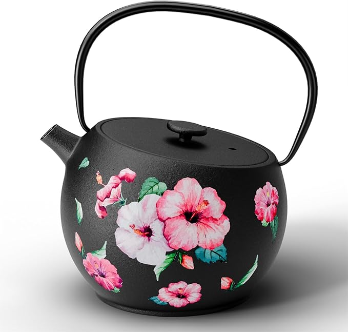 Toptier Teapot with Removable Infuser, Cast Iron Tea Kettle Stovetop Safe, Solid Geometry Ball Design Tea Pot Coated with Enameled Interior for 32 Ounce (950 ml), Morning Glory
