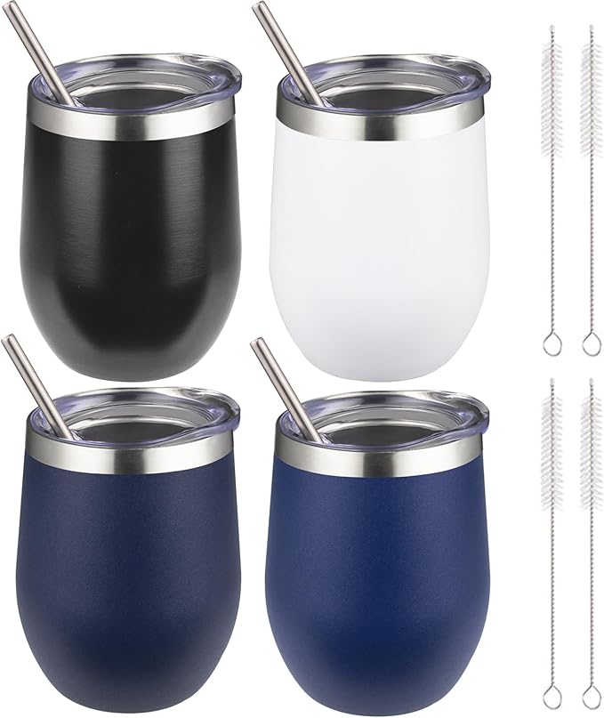 12 oz Insulated Wine Tumbler with Lid and Straw,Stainless Steel Stemless Wine Tumbler Double Wall Vacuum Wine Cups Tumbler Bulk for Coffee,Champaign,Cocktail,Office(Black/White/Navy blue/Dark blue)