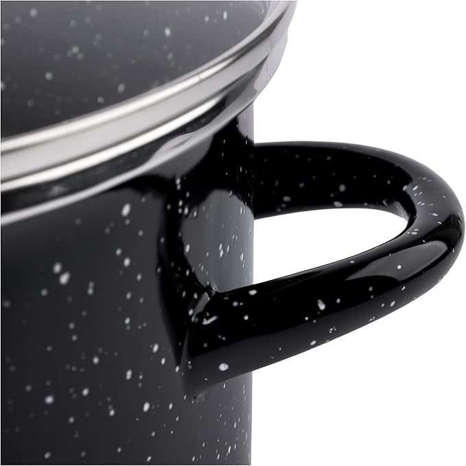 EKCO EOS 8-Quart Speckled Stockpot with Glass Lid (Black) Soup Pot for All Ranges, Dishwasher & Oven Safe up to 350°F - Non-Reactive Enameled Interior Pot for Gumbo, Stew, Boil, Pasta, Chili