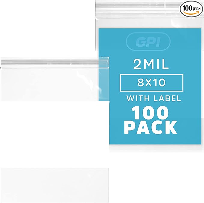100 Count, 8" x 10" 1/2 Gallon Zip Bags, 2 Mil Thick Clear Plastic Reclosable Zipper Lock Bags with Write-on White Block, with Resealable Zip Top Lock for Food Storage, Sandwiches & Office Supplies