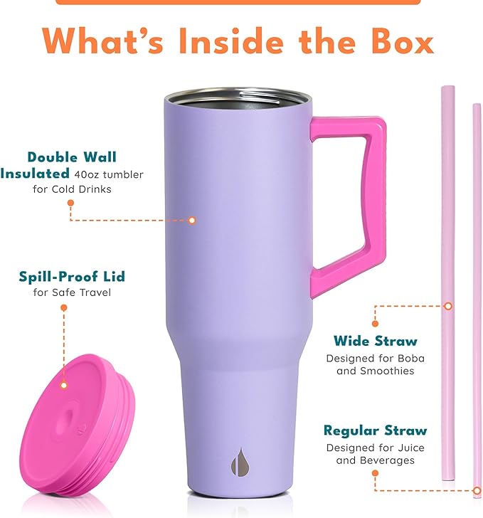 Elemental 40 oz Tumbler with Handle and Straw - Spill Proof Insulated Stainless Steel Commuter for Hot and Cold Beverages - Travel Coffee Mug with 2 Straws & Spill Proof Lid - 40oz - Lilac Tie Dye