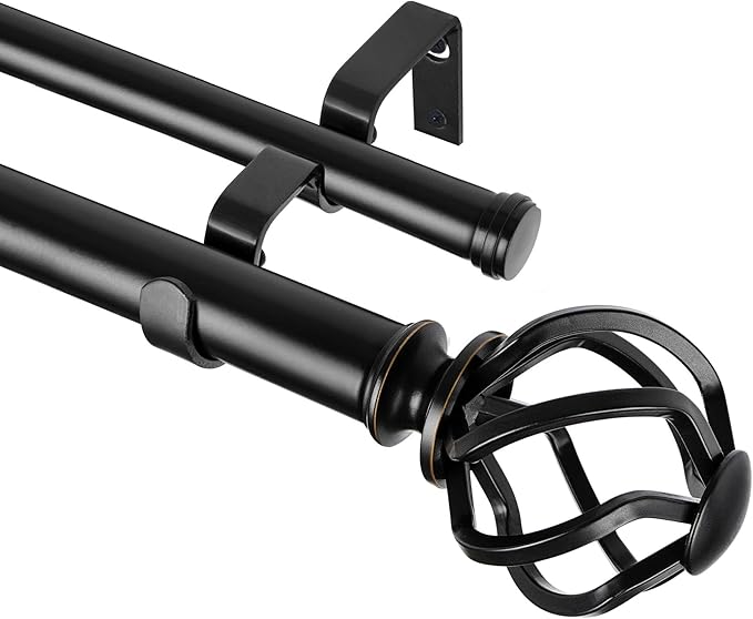 KAMANINA Black Double Curtain Rod 140 to 195 Inches (12-16 Feet), 1 Inch Curtain Rods for Windows 60 to 191, Heavy Duty Telescoping Drapery Rods with Twisted Cage Finials