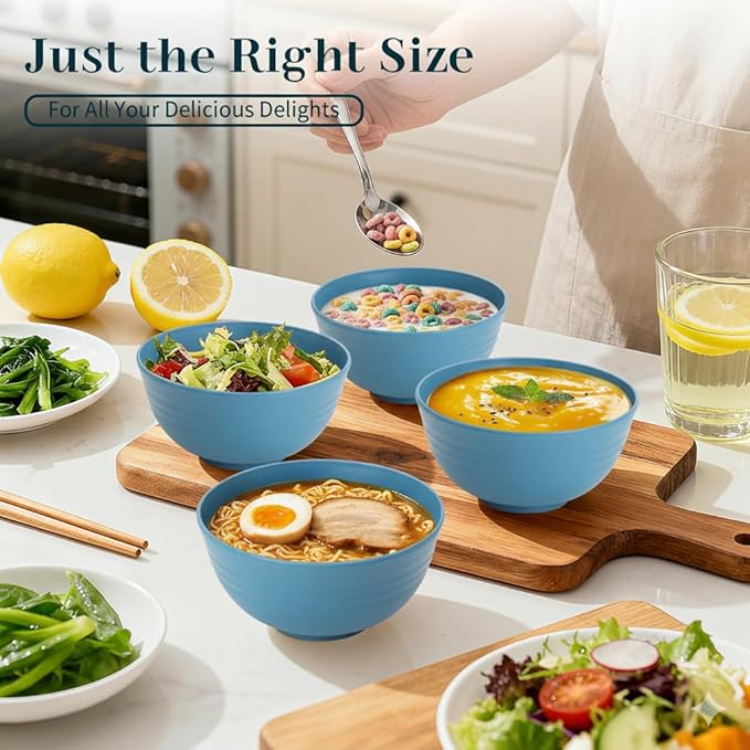 Bowls for Kitchen 8 PCS, Unbreakable Wheat Straw Bowl 26 OZ, Alternative to Plastic Bowls Reusable, Microwave and Dishwasher Safe Serving Bowl for Dinner, Breakfast, Outdoor - Blue
