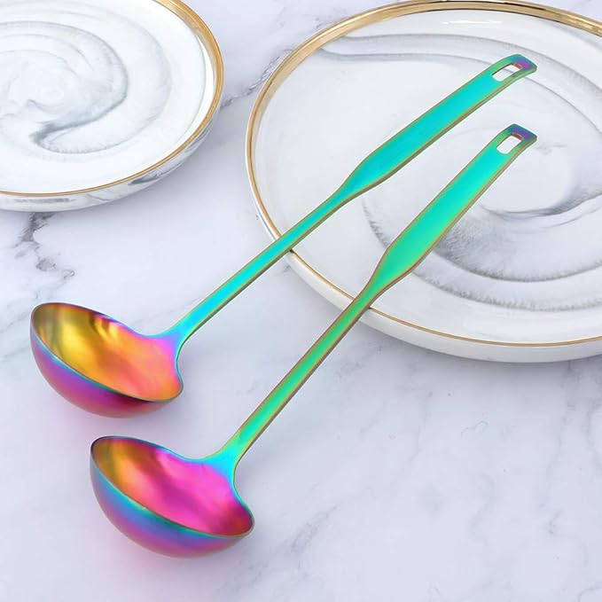 Buyer Star 2 Pcs Soup Ladle Spoons,Rainbow Cookware Serving Long Handle Steel Slotted Spoon Cooking Utensil Set for Hotpot