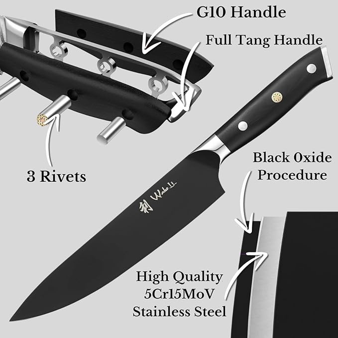 Wakoli Titanium Noir Chef Knife – 7.9-Inch Professional Kitchen Knife | 5Cr15MoV Stainless Steel Blade with Black Titanium Coating | Ergonomic G10 Handle | Multi-Purpose Chef’s Knife in Gift Box