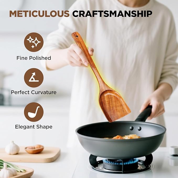 Premium 6pcs Wooden Spoons Set for Cooking - Durable Teak Wood Kitchen Utensils Set with Smooth Surface, Heat-resistant & Scratch-proof Spatula, Best Gift for Cooking Lovers