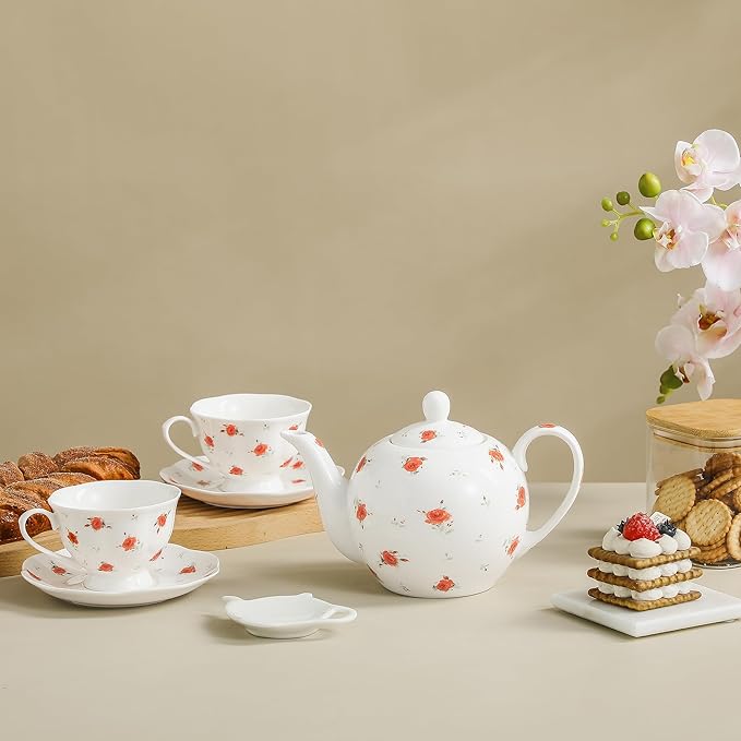 30oz Porcelain Teapot (4 Cups) - Elegant Floral Ceramic Tea Pot with Vibrant Roses, Ideal for Loose Leaf & Bagged Tea, Dishwasher Safe