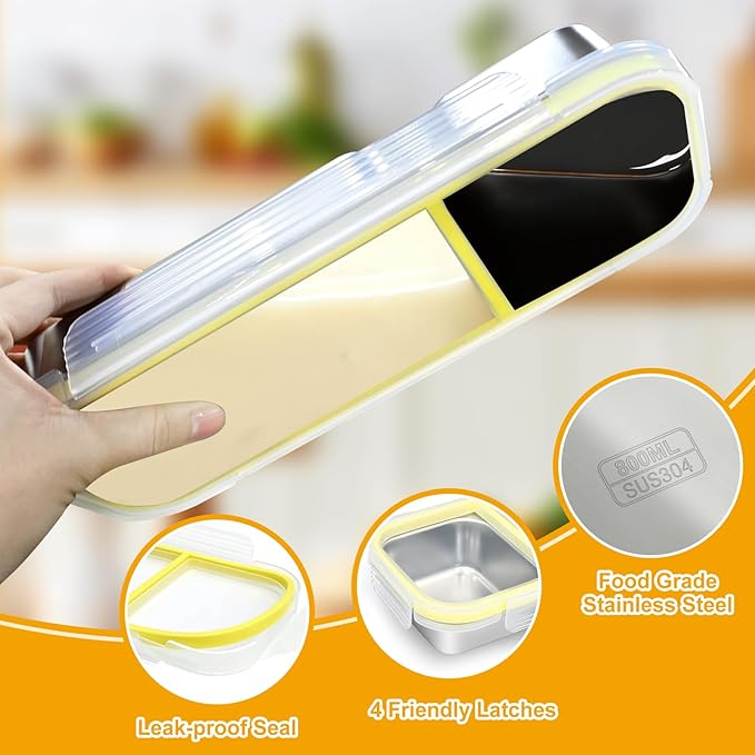 Stainless Steel Snack Containers with Lids, 2 Compartment Snackle Box Airtight Leakproof, Reusable Bento Box Food Storage Containers for Lunch Travel Picnics Office