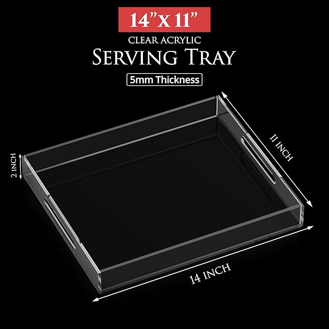 Acrylic Tray 14x11 with Cut Handles - Spill Proof Decorative Tray is an Ideal Countertop Organizer for Living Rooms, Ottoman Coffee Tables, Offices, Kitchens & Serving Guests