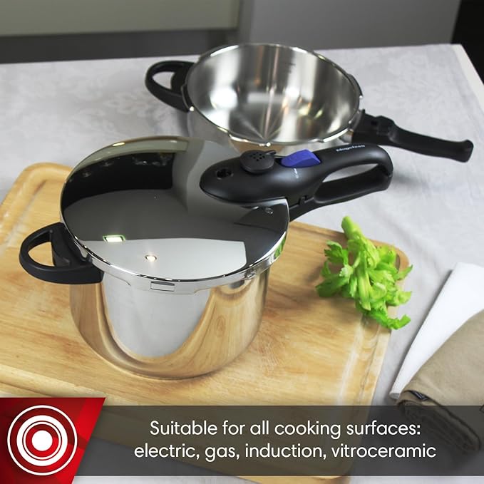 MAGEFESA Favorit Six Stainless Steel Pressure Cooker Set, 3.2 & 6.3 Qts, Induction Compatible, Heat Diffuser Base, 5 Safety Systems – Special Edition (Steam Basket, Lid & Recipe Book)