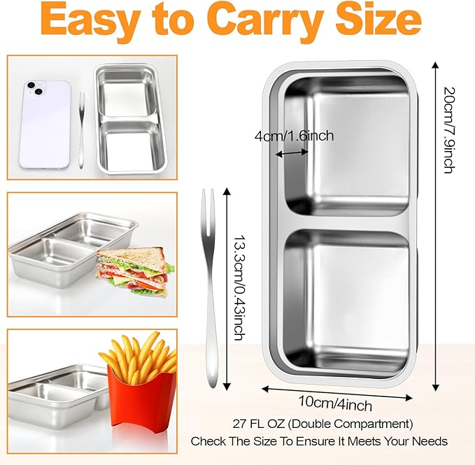 Stainless Steel Snack Containers with Lids, Reusable Bento Lunch Container Box, Food Storage, Leak Proof, Dishwasher-Safe, Grab and Go for Work, 6 Pack (Double Compartment)