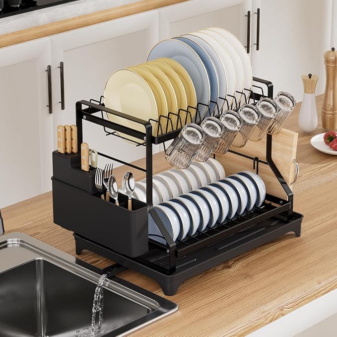 2-Tier Kitchen Dish Rack with Drainboard, Black, Large Capacity Dish Drying Rack with Cup Holder, Knife Block, Cutting Board Rack, 42x32.5x34cm