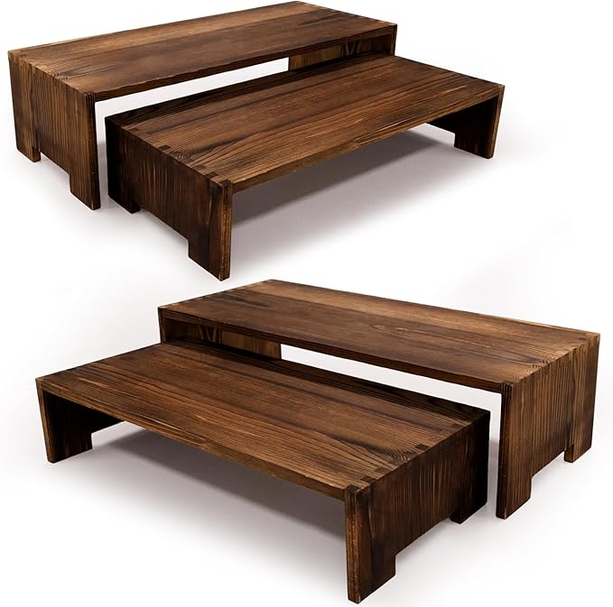 Large Display Riser Wood Risers Cupcake Stand 2 Tier Racks Decorative Rectangular, 2 Set 4 Piece Cologne Perfume Organizer Dessert Stands for Vendors Event