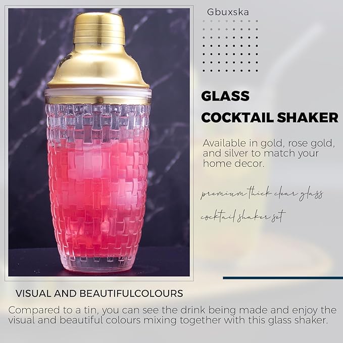 Gold Cocktail Shaker Set - Glass Cocktail Shaker with Strainer - Martini Shaker Set -Matching Cocktail Jigger & Bar Spoon with Muddler – Bartender Kit for Home Bar