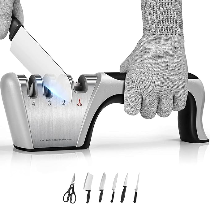 4-in-1 knife sharpener [4 stages], original quality polishing blade, the best kitchen tool for paring knives, steel knives and scissors - including a pair of anti-cutting gloves