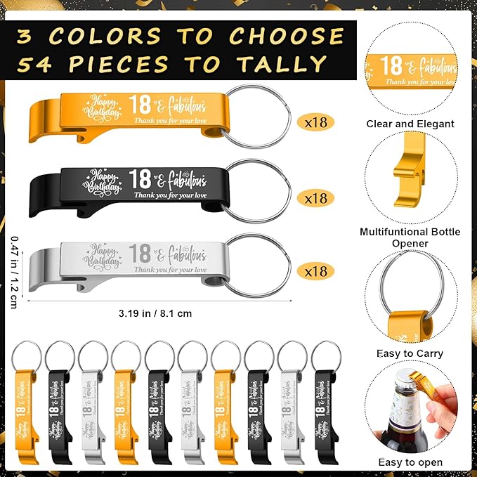 Dandat 54 Sets 18th Birthday Party Favors for Guests Birthday Beer Opener Keychain Cheers to 18 Bottle Opener Keychain with Thank You Cards and Gift Bags for Anniversary Wedding Party Favors