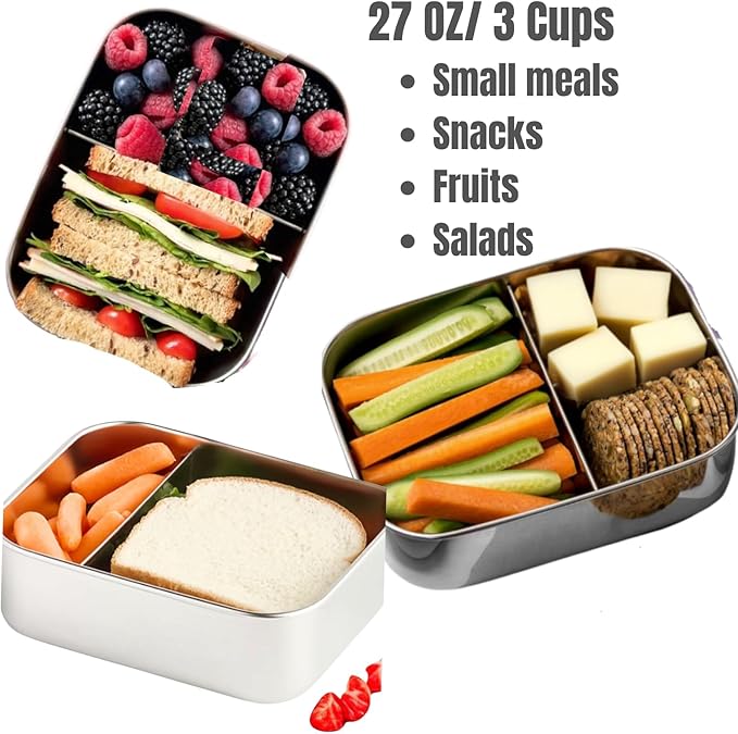 Leak proof Stainless Steel Lunch Box| Stainless Steel bento box | Sandwich, snack pack, Lunch Containers| |Steel Tupperware | Meal prep| Metal lunch box|Small| 1 * 27oz+ 2 * 6.5 OZ