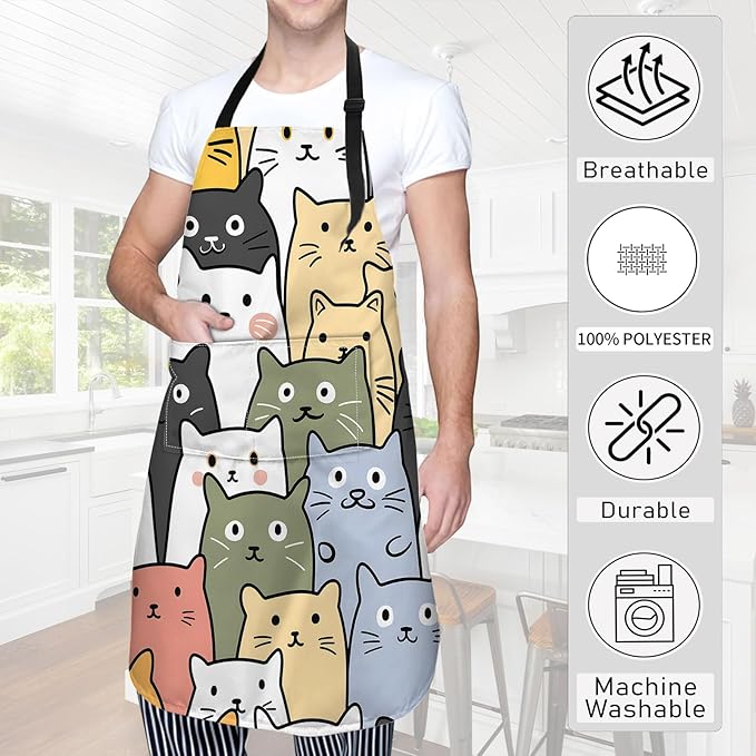 Cute Cartoon Cat Apron,Oxford Fabric Adjustable Kitchen Apron with 2 Pockets,Waterproof Cooking Aprons for Men Women Mom Wife Dad,Ideal Gifts for Coffee,Shop,Baking,BBQ,Housewarming,28x33in