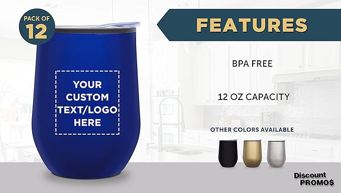 Custom Stemless Wine Tumblers 12 oz. Set of 12, Personalized Bulk Pack - Insulated, Perfect for Wine, Cocktails, Other Hot & Cold Beverages - Blue