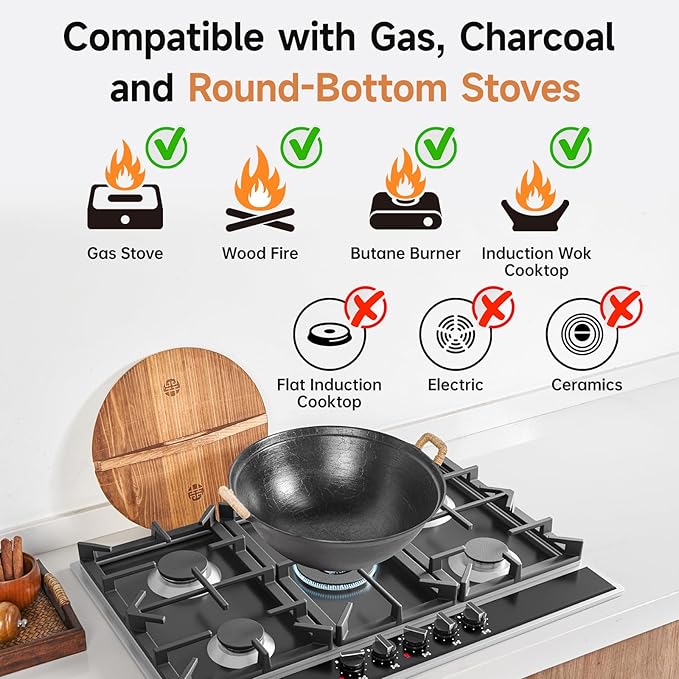 WANGYUANJI 11.8 Inch Handmade Cast Iron Wok with Dual Handles, Small Round-Bottom Chinese Wok for 1–2 Servings, Uncoated Stir Fry Pan for Gas Stoves & Open Flame Cooking