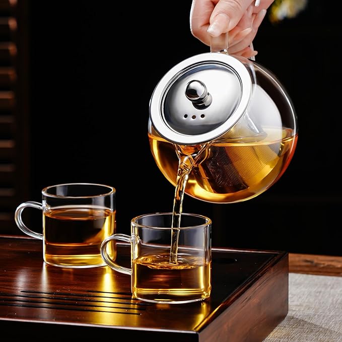 PARACITY Glass Teapot Stovetop 34OZ/1000ml, Tea pot with Removable 18/8 Stainless Steel Infuser, Borosilicate Clear Tea Kettle, Teapot Blooming and Loose Leaf Tea Maker Tea Brewer for Camping, Travel