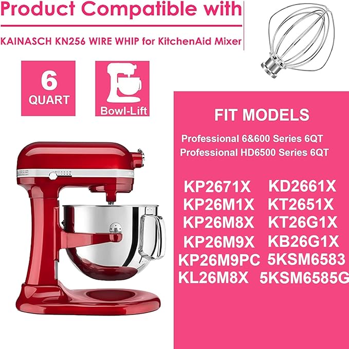 KN256WW Stainless Steel Whisk Attachment for KitchenAid 6 Quart Bowl Lift Stand Mixer 6-Wire Whip Attachment for Kitchenaid Accessories