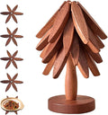 Wooden Trivets for Hot Dishes, Tree Shape Trivet Set, for Hot Dishes, Pot, Bowl, Teapot, 5 Wooden Trivets+1 Stand, Like a Christmas Tree, Natural Foldable Kitchen Wooden Trivet (Walnut Wood)