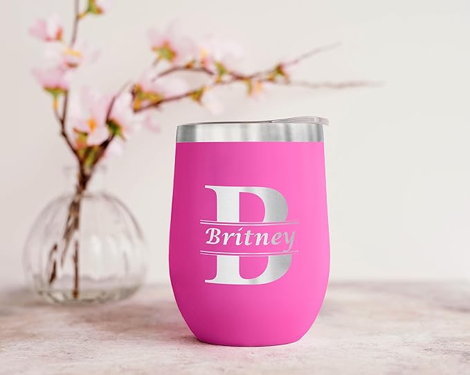 Gifts Inscribed Personalized Wine Tumbler with Lid – Pink Custom Engraved Stainless Steel Insulated Mug for Hot & Cold Drinks – Customized Bridesmaid, Wedding, or Birthday Gift