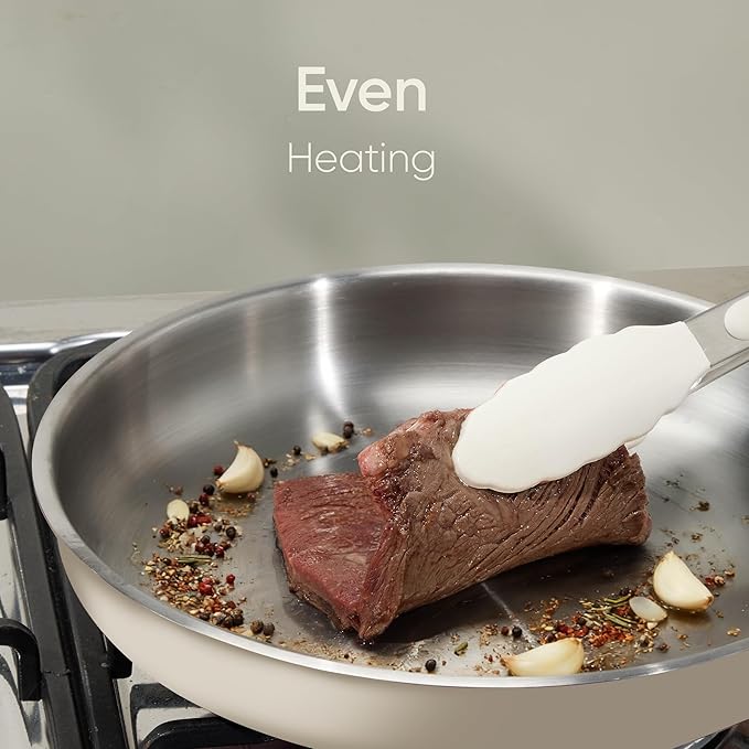CAROTE 10" Stainless Steel Frying Pan with Lid, Outer Ceramic Layer, Non-Toxic, Even Heating，Oven Safe, Induction, Ceramic and Gas Cooktops Compatible, White